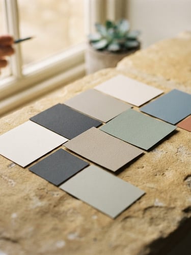 A calm, naturally lit photograph of architectural color swatches laid out on a warm stone surface, soft window light, shallow depth of field, 35mm