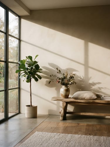 Warm architectural photography of a minimalist room, soft natural window light casting long shadows on a warm putty wall, 35mm