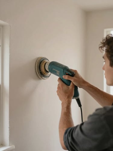 A professional painter in clean attire meticulously sanding a primed wall with a dust-extracting hand sander, soft natural light, shallow depth of field