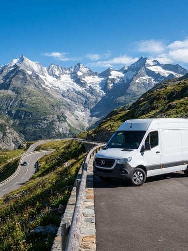 A clean white utility van parked on a mountain pass in the Swiss Alps, crisp morning daylight, snow-capped peaks in the background, sharp focus, professional commercial photography.