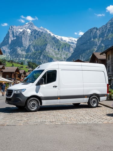 Crisp commercial photography of a clean white utility van parked in a Swiss alpine village, bright daylight, sharp focus, high contrast