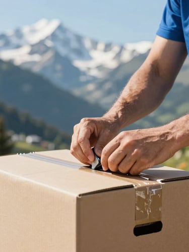 Close-up of professional hands neatly packing a cardboard moving box, clean equipment, bright natural daylight, high contrast