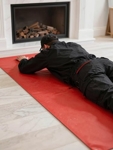 Technician wearing clean black utility gear laying down thick red canvas protective runners over a pristine light marble hearth, bright high-visibility indoor workspace lighting, close-up framing.