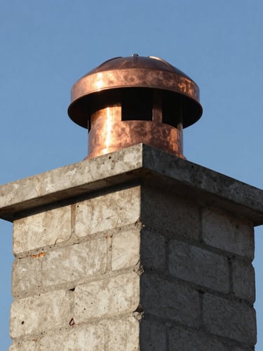 A close-up of a newly constructed chimney crown with clean mortar lines, topped with a custom copper chimney cap against a clear blue sky.