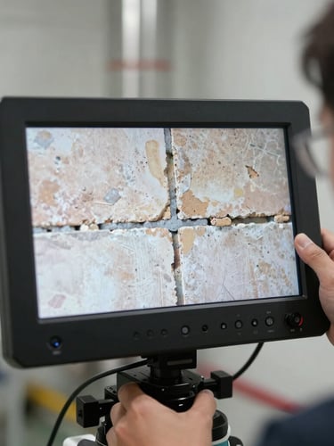 Close-up of a technician operating a high-definition flue camera screen inside a clean living room, showing detailed masonry joints on screen