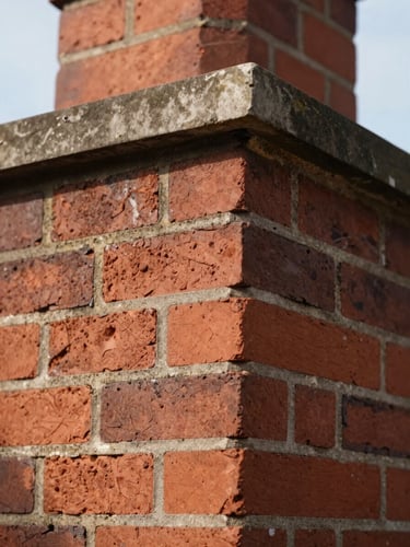 Macro shot of clean, restored brick masonry joints on a chimney exterior, bright natural daylight, crisp details.