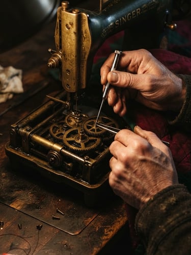 A close-up photograph of a vintage sewing machine's brass gears on a dark wooden workbench, warm directional light casting deep shadows, hands holding a small metal tool, rich crimson and forest green tones, shallow depth of field
