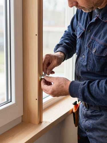 A professional carpenter in clean gear working on-site, carefully sealing a window casing with tight, precise carpentry details, bright natural daylight, 35mm lens