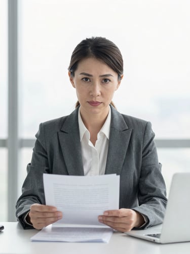 Portrait of a confident female legal counsel, mid-40s, professional attire, reviewing documents on a clean desk, bright office light, desaturated cool tones, sharp focus, 35mm lens, looking directly at the viewer.