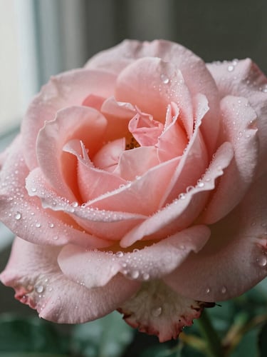 Macro botanical detail of a blooming rose with morning dew on its petals, soft diffused light, dusty rose and deep forest green tones.