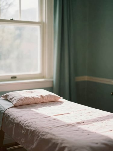 Quiet sunlit treatment room with natural wood and linen, soft morning window light, warm editorial photography.