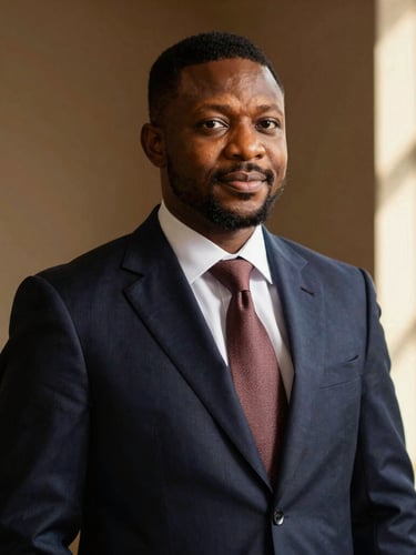 Dignified portrait of a Nigerian attorney in professional attire, warm dramatic side-lighting, shallow depth of field, 35mm