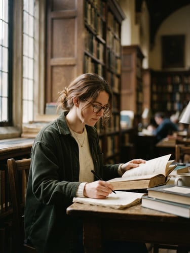 A natural portrait of a female academic researcher in a soft-lit university library, surrounded by bookshelves, shallow depth of field, editorial photography, 35mm.