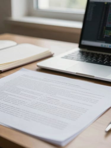 Close-up of a clean, organized academic workspace with research papers, a laptop displaying code, and a notebook under soft natural window light, 35mm.