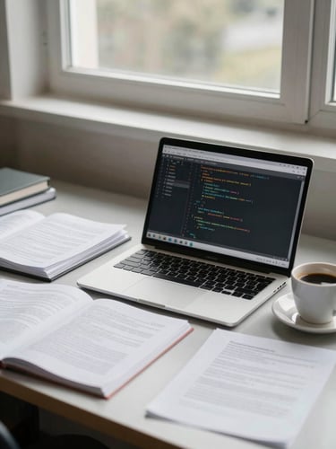 An environmental shot of an organized academic workspace with a laptop showing code, research papers with annotations, and a cup of coffee, soft library window light, 35mm.