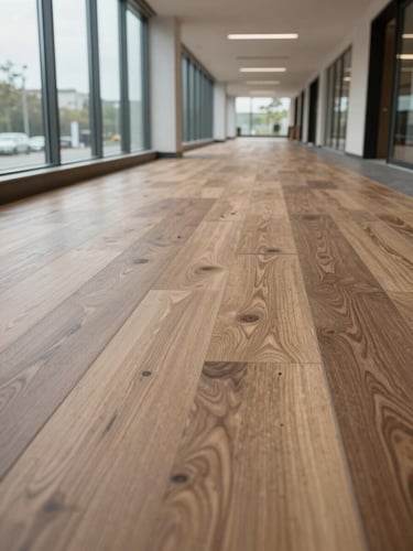 Wide-angle shot of a commercial corridor under flooring installation, LVP planks laid in alternating rows extending into the distance, overcast daylight from floor-to-ceiling windows left side, no people present, architectural precision