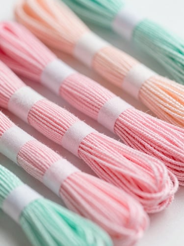 Macro close-up of neatly arranged DMC embroidery floss skeins in soft pastel pink, mint, and peach tones, diffused natural light