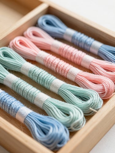 Macro photograph of neatly organized pastel embroidery floss skeins in a wooden sorting tray, soft natural daylight, shallow depth of field.