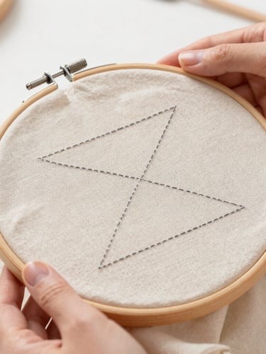 Close-up of hands holding a wooden embroidery hoop, stitching a minimalist geometric pattern on oatmeal linen, soft side lighting.