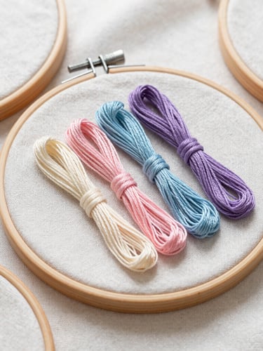 Overhead macro flat-lay of modern embroidery hoops on high-texture linen fabric, pastel threads organized in a neat gradient, soft diffused morning daylight.