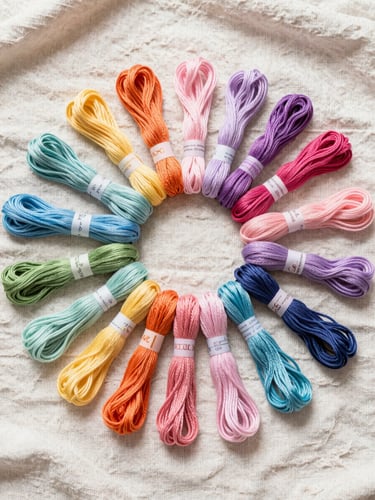 Overhead flat-lay of pastel DMC embroidery floss skeins arranged in a neat color wheel on textured linen, soft natural daylight.