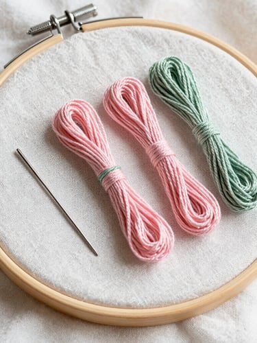 Macro flat-lay of modern embroidery hoop framing textured linen fabric, pastel pink and sage green embroidery floss neatly arranged beside a silver needle, soft morning light