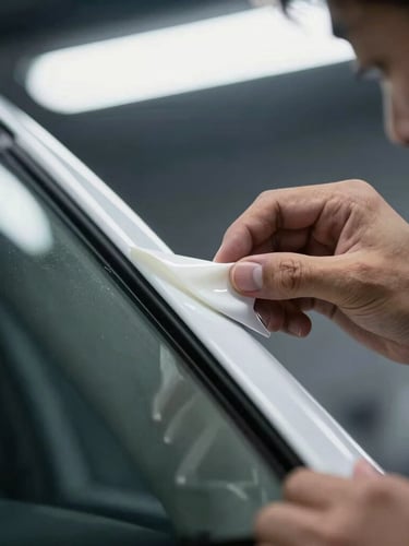Close-up macro shot of a technician's hands meticulously smoothing ceramic film onto a car window in a dust-controlled bay, crisp white light, focused on the clean edge.
