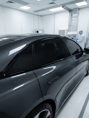 Wide shot of a sleek, dark vehicle silhouette in a pristine, dust-controlled cleanroom bay, sharp studio lighting highlighting the tinted windows, macro detail of a micro-shaved film edge on the rear window, deep charcoal and cool white tones.