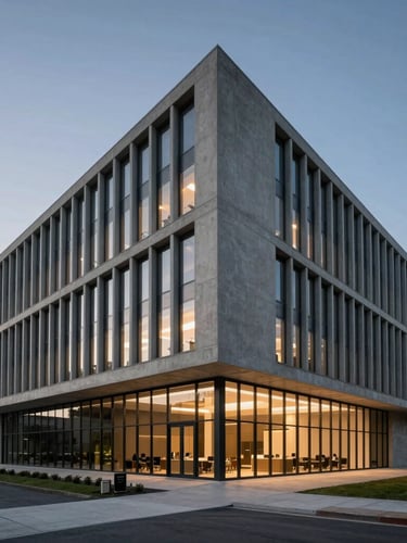 Wide-angle architectural shot of a modern concrete and steel corporate headquarters, dramatic sharp shadows, cool ambient twilight with warm interior office glows, premium minimalist framing.
