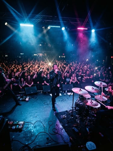 Wide shot of a live band performing on a dark stage, dramatic blue and magenta stage lighting, lens flares, energetic crowd visible from stage perspective, high contrast, 35mm lens