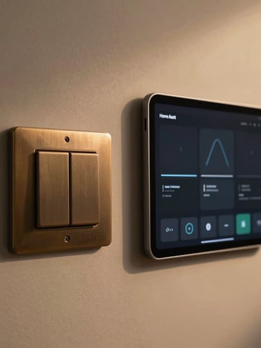 A medium-close architectural shot of a flush-mounted bronze switch plate and a sleek wall-mounted tablet displaying a minimalist dark-themed Home Assistant dashboard, warm evening ambient lighting.