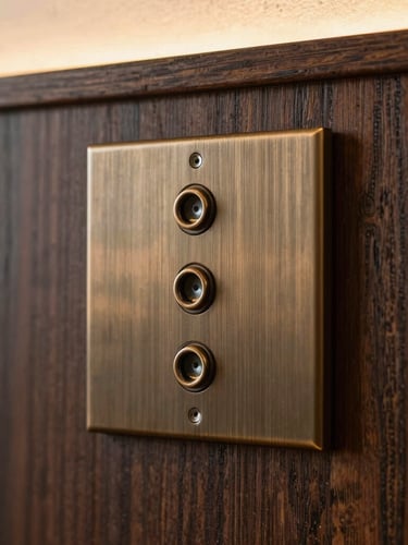 Close-up of a brushed bronze multi-button switch plate flush-mounted in dark oak wood paneling, soft warm architectural glow from above.