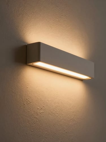 Close-up of a flush-mounted warm LED light strip casting a soft amber glow down a textured plaster wall, minimalist architectural detail