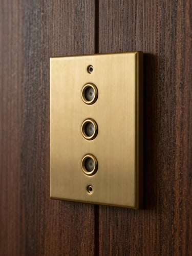 A sleek, solid brass multi-button switch plate mounted on dark oak wood paneling, controlling subtle ambient lighting