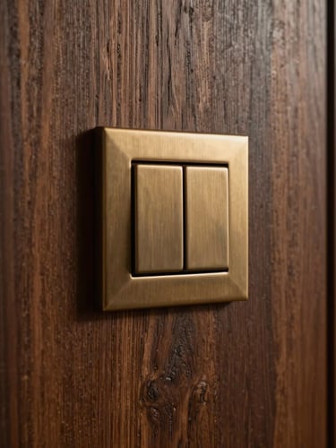 Medium-close shot of a high-end Benelux interior, flush-mounted bronze switch plate on dark oak wood, soft indirect warm lighting, evening ambiance.