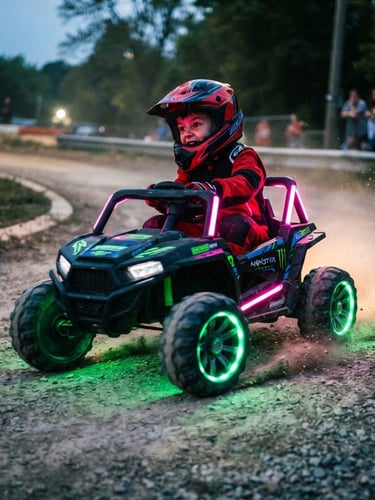 Dynamic low-angle shot of a child steering a motorized electric ride-on toy, glowing green LED wheels kicking up soft dust on a track, dramatic neon pink accent lighting, 35mm lens, vibrant and high-contrast.