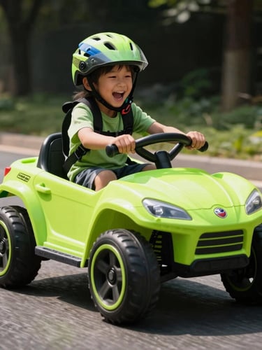 Dynamic low-angle shot of a child wearing a helmet, laughing while steering a vibrant neon-green electric ride-on car on a sunny paved track, motion blur on wheels