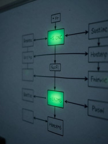 Macro shot of physical whiteboard filled with system architecture diagrams, low-key ambient terminal glow, deep obsidian and neon green tones, shallow depth of field