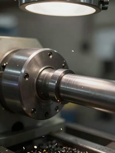 Extreme close-up of a lathe spindle mid-operation on a steel shaft, metal chips curling away from the cutting tool, harsh neutral workshop light from above, no operator visible, industrial documentary style