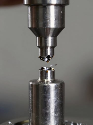 Extreme close-up of a lathe cutting tool removing a steel chip from a cylindrical shaft, harsh neutral studio light revealing the machined surface finish, metal shavings curling away mid-cut, no human hands visible