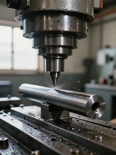 Extreme close-up framing from the left side, a milling machine cutter engaging a steel billet on a conventional mill table, metal chips scattering mid-air, harsh north-facing window light, no operator visible, industrial workshop background out of focus