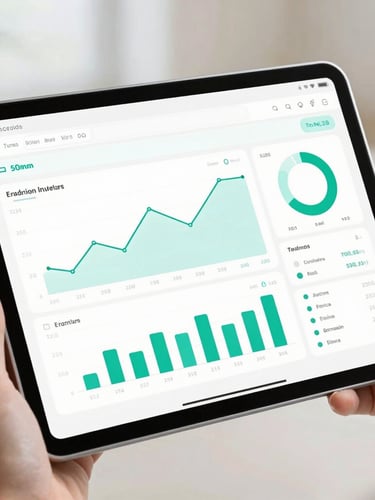 Sharp macro shot of a modern Android tablet screen displaying a high-fidelity pharmaceutical inventory dashboard with clinical teal charts, bright natural daylight, soft neutral background, 50mm