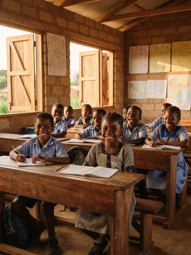 Warm editorial photograph of children smiling at their wooden desks in a newly built classroom in West Africa, natural golden-hour daylight streaming through large open windows.