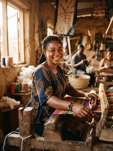 Warm editorial portrait of a West African woman smiling in a sunlit community workshop, natural golden-hour daylight, rich earthy tones, medium format film.
