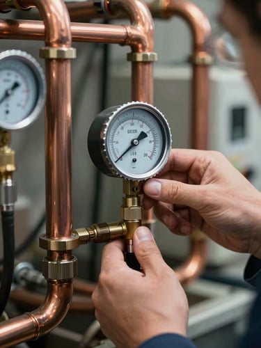 Close-up of a technician's hand adjusting a digital manifold gauge connected to clean copper refrigeration lines, crisp cool work light, high-contrast mechanical details.