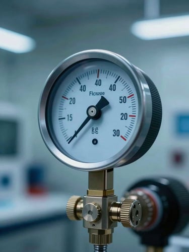 Close-up of a high-contrast digital manifold gauge displaying precise pressure readings in a clean mechanical room, cool blue lighting.