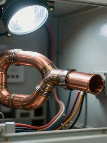 Crisp macro shot of clean copper pipe brazing and organized wiring harnesses inside an open HVAC electrical control panel, bright work light.
