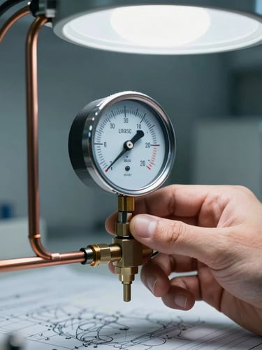 Crisp, high-contrast close-up of a technician's hand adjusting a digital manifold gauge connected to clean copper lines, bright cool work light, technical blueprint aesthetic.