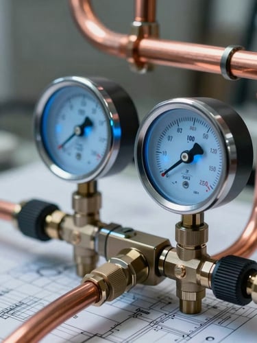 A close-up of digital manifold gauges connected to clean copper refrigeration lines, crisp cool blue work light illuminating the pressure readings, technical blueprint precision.