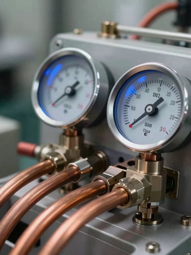 Crisp, high-contrast macro photograph of digital manifold gauges connected to clean copper lines with blue backlighting in a modern mechanical room.